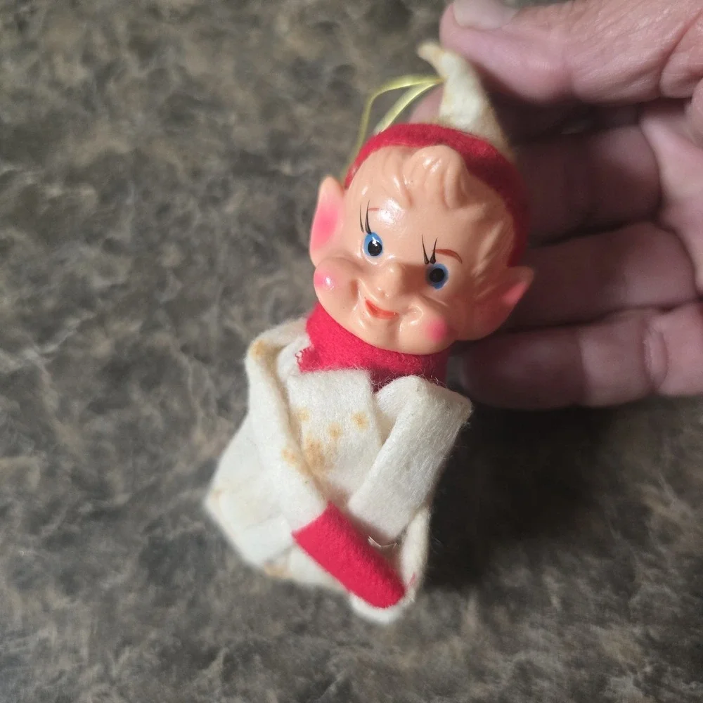 Vintage Japan Christmas Ornaments Lot of 3 Elf Santa Chenille Felt MCM